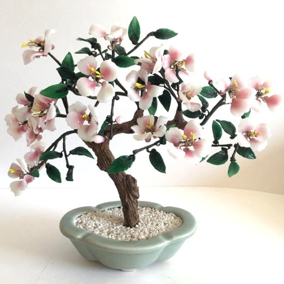 Chinese Jade Sweeping Sakura Blossoms Bonsai Pink Glass Tree in Celadon Pot - Picture 3 of 3